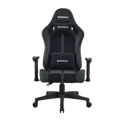 The RAIDMAX DK608 gaming chair features adjustable armrests, backrest angle, height, head, and lumbar support, and a standard office mechanism for a comfortable and ergonomic seating experience.